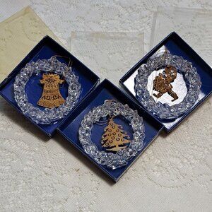 1988 Golden Ice Crystal Wreath Ornaments, Brass Christmas Tree, Bell and Drummer